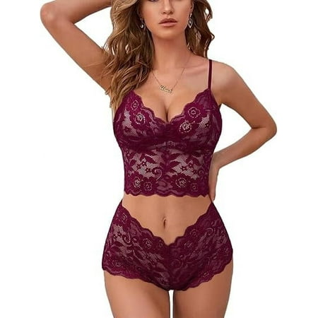 SkyAuks Sexy Lingerie Set  Sheer Floral Two Piece Lace Bra and Panty Set bralette Sleepwear  Winered  M