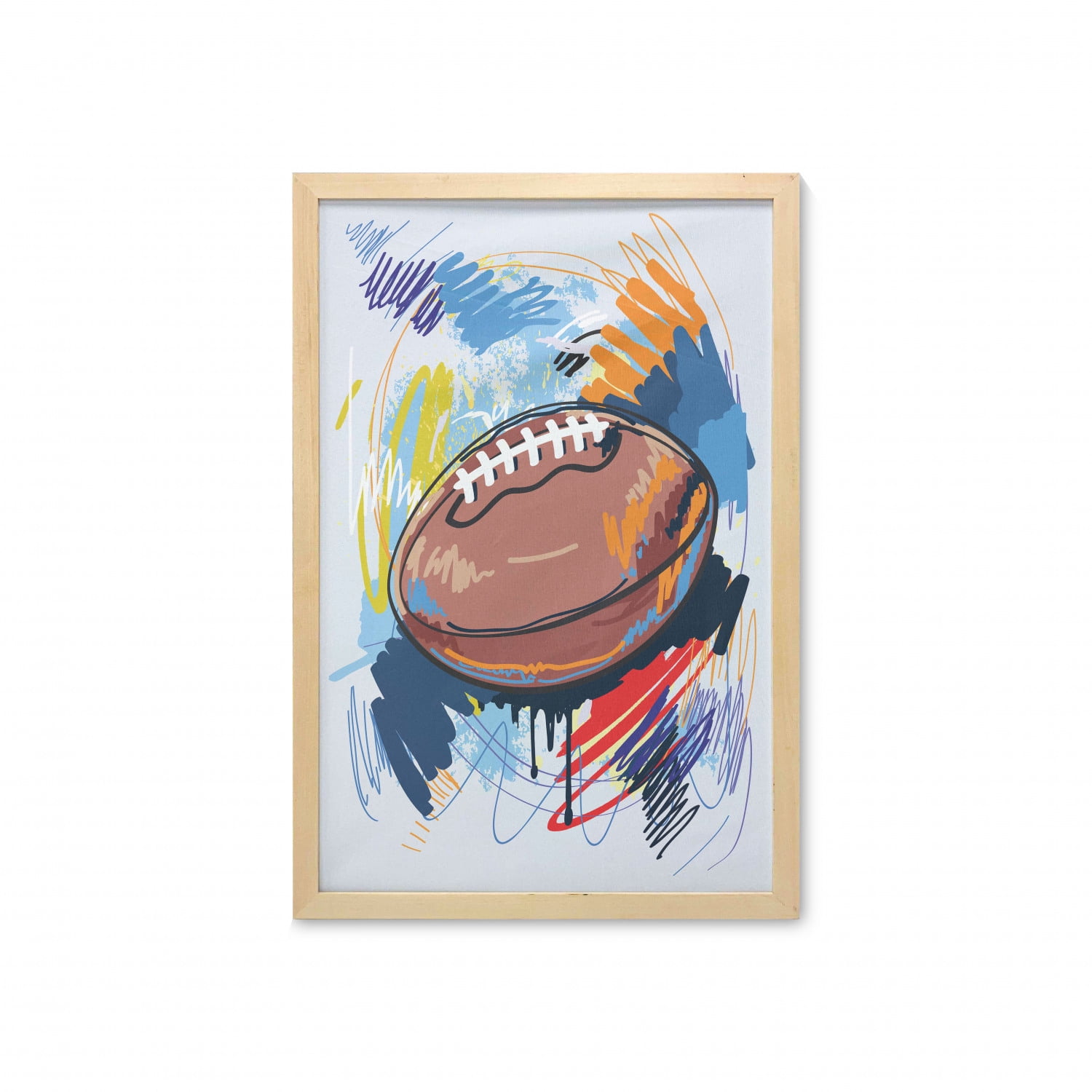 Sports Wall Art with Frame, Diamond Shape Rugby Ball Sketch with Colorful Doodles Professional Equipment League, Printed Fabric Poster for Bathroom Living Room, 23/