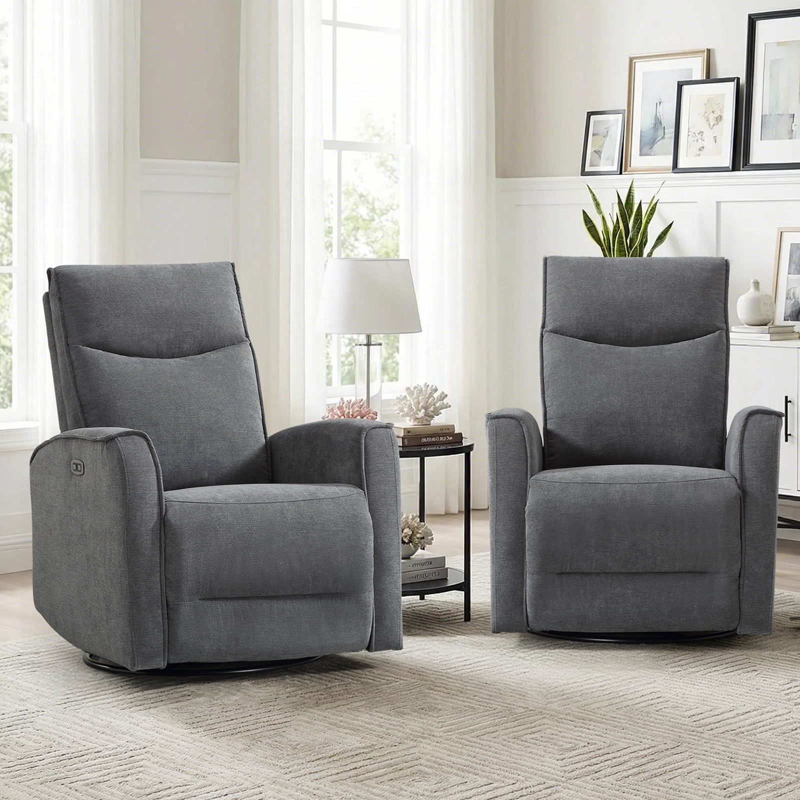 Bonzy Home Electric Recliner Chair Set of 2, 270° Swivel Recliner Fabric Living Room Sofa Chair with USB Ports, Gray
