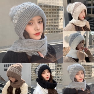 DASMINI Women/Girls Thick Warm Winter Hat & Infinity Scarf Set with Faux Fur Pom Double Couple Womens Scarf Beanie Hat with Faux Fur Ball Set  main image 2