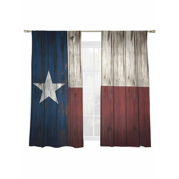 Texas Stars Sheer Curtains 63 Inch Length 2 Panels Set, Semi Transparent Voile Rod Pocket Curtains for Living Dining Room Bedroom Drapes Navy Blue Red Retro Gray Wooden