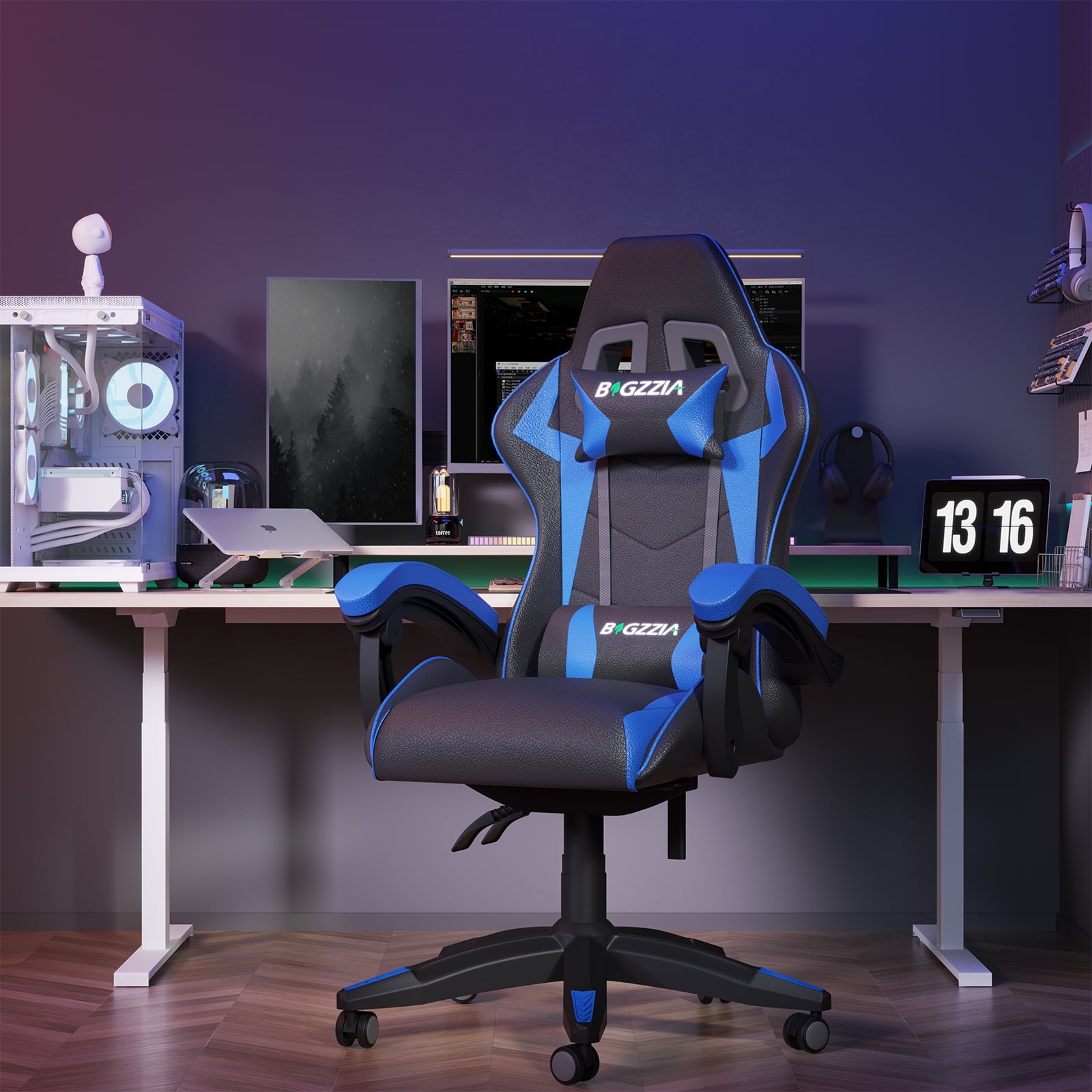 Bigzzia High-Back Gaming Chair PC Office Chair Computer Racing Chair PU Desk Task Chair Ergonomic Executive Swivel Rolling Chair with Lumbar Support for Back Pain Women, Men (Blue)