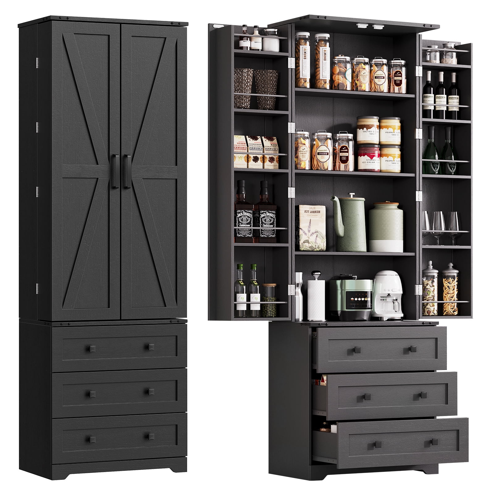 Garderth Kitchen Pantry Cabinet,72" Tall Pantry Storage Cabinet,Freestanding Cupboard With 3 Drawers,Adjustable Shelves,Farmhouse Food Pantry For Dinning Living Room Home Laundry Bathroom