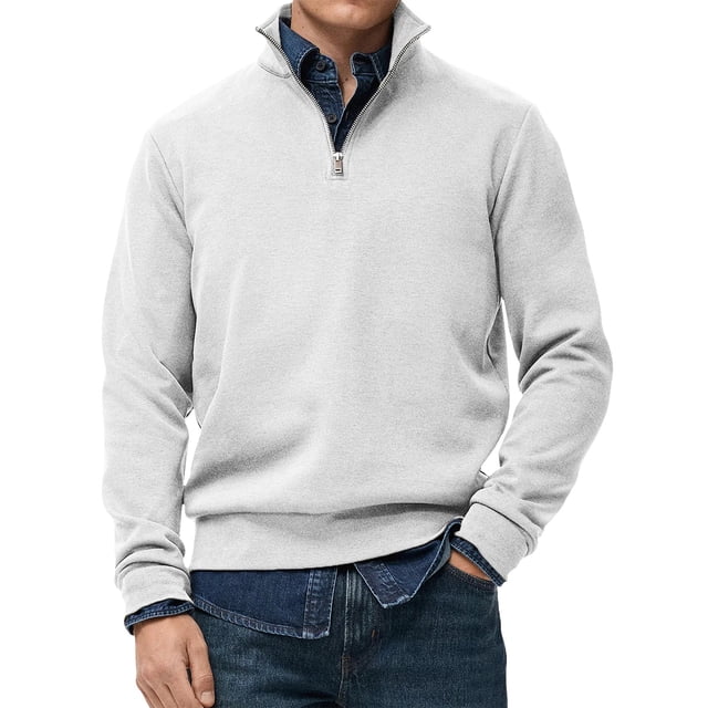 Migroa Essential Men's Quarter-Zip Sweatshirt -Solid Color Stand-Up Collar Design, Multiple Color Options, Premium Casual Wear Under $25, White M