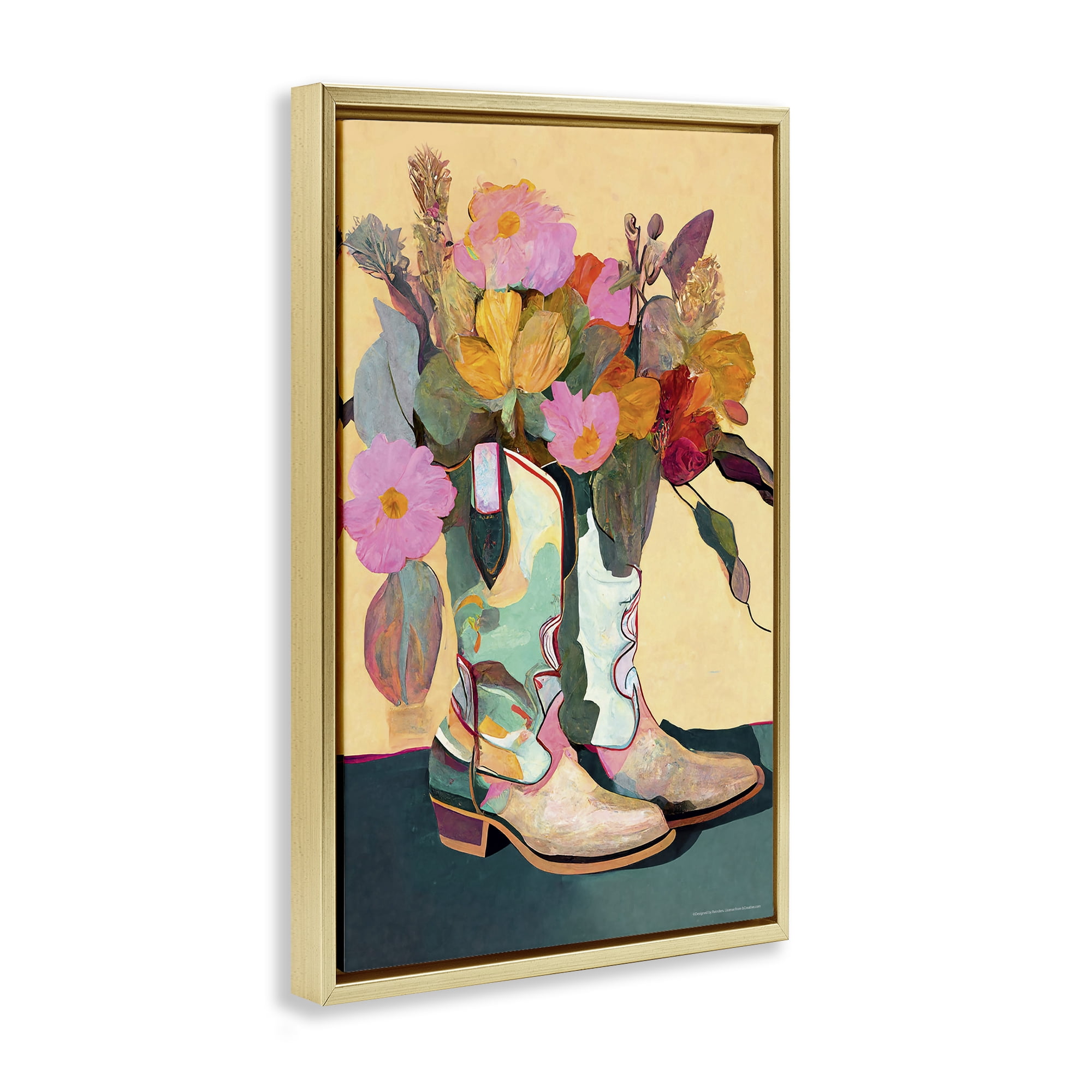 Stupell Industries Bright Cowgirl Florals Plants & Flowers Painting Gold Floater Framed Canvas Art Print Wall Art, 21 x 31