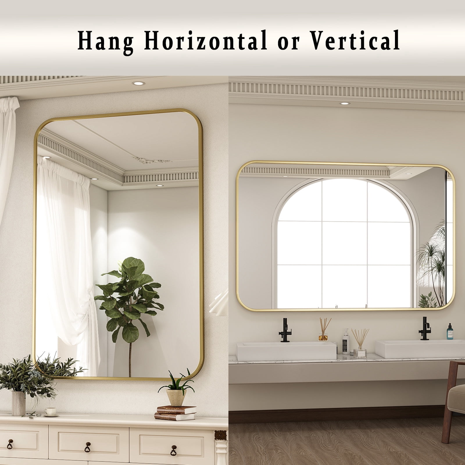 GRAHMCY 30"x48" Bathroom Mirror Wall-Mounted Vanity Mirror with Rectangular Metal Frame, Gold