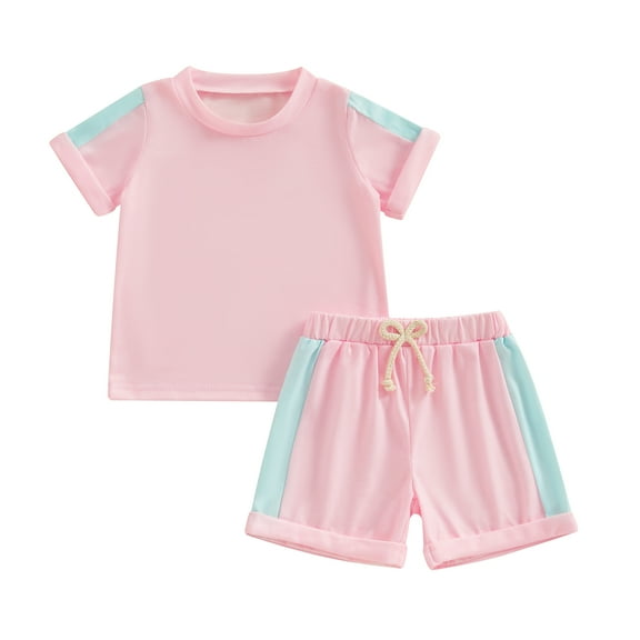 Bagilaanoe 2pcs Toddler Baby Boy Girl Shorts Set Contrast Color Short Sleeve T Shirt Tops   Shorts 12M 18M 24M 3T 4T 5T Kids Casual Summer Clothes