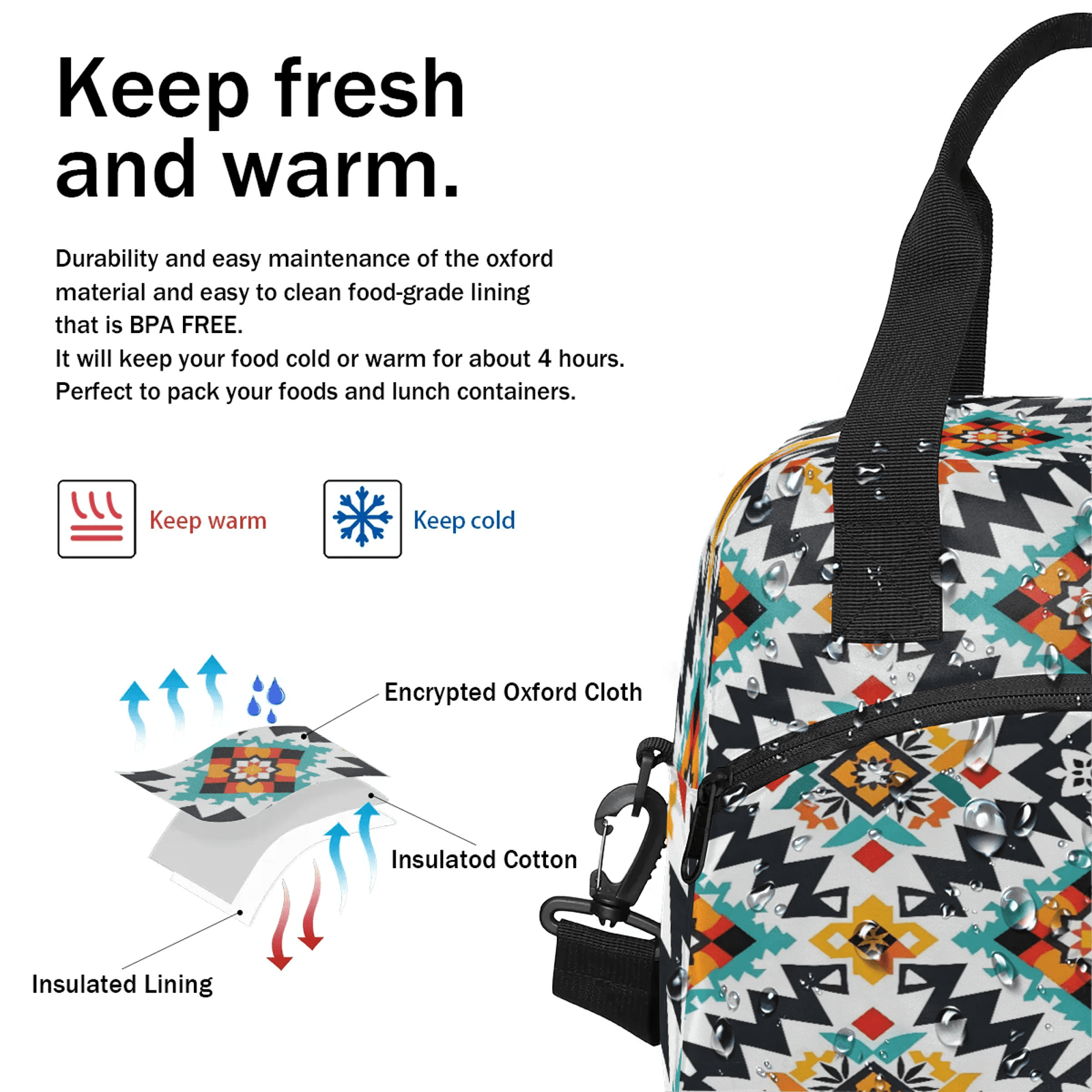 Herdesigns Western Aztec Insulated Lunch Bag for Women Men Adult, Reusable Insulated Cooler Lunch Box Lunch Tote Bag for Work Picnic Beach