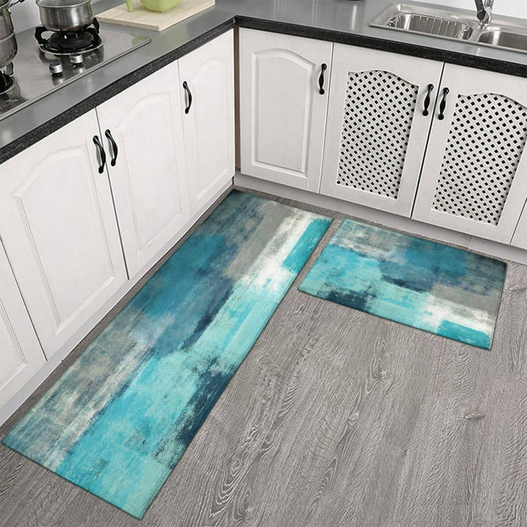 Modern Abstract Kitchen Mats for Floor, Blue Green Turquoise Teal Kitchen  Rugs Set of 2 Carpet Area Rug, Vintage Farmhouse Modern Kitchen Decor and  Accessories Stuff, 17x30 and 17x47 Inch 