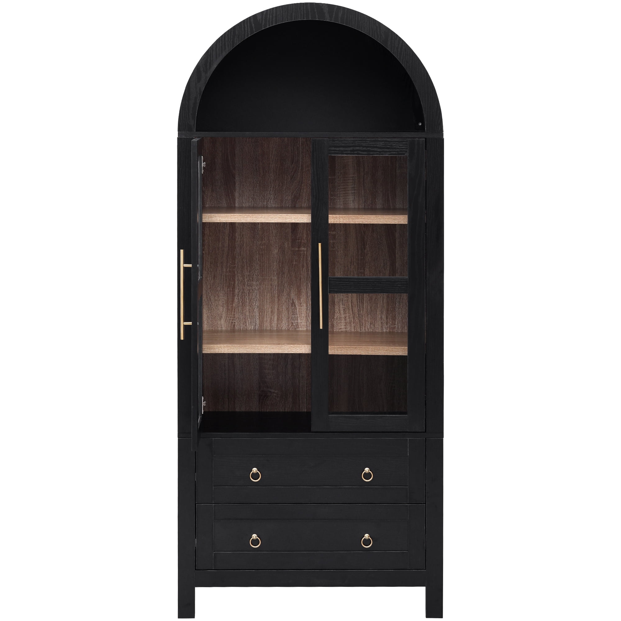 71-Inch Tall Arched Kitchen Pantry Cabinet with Glass Doors and 2 Drawers, Farmhouse Storage Cabinet with Adjustable Shelves for Kitchen and Dining Room, White