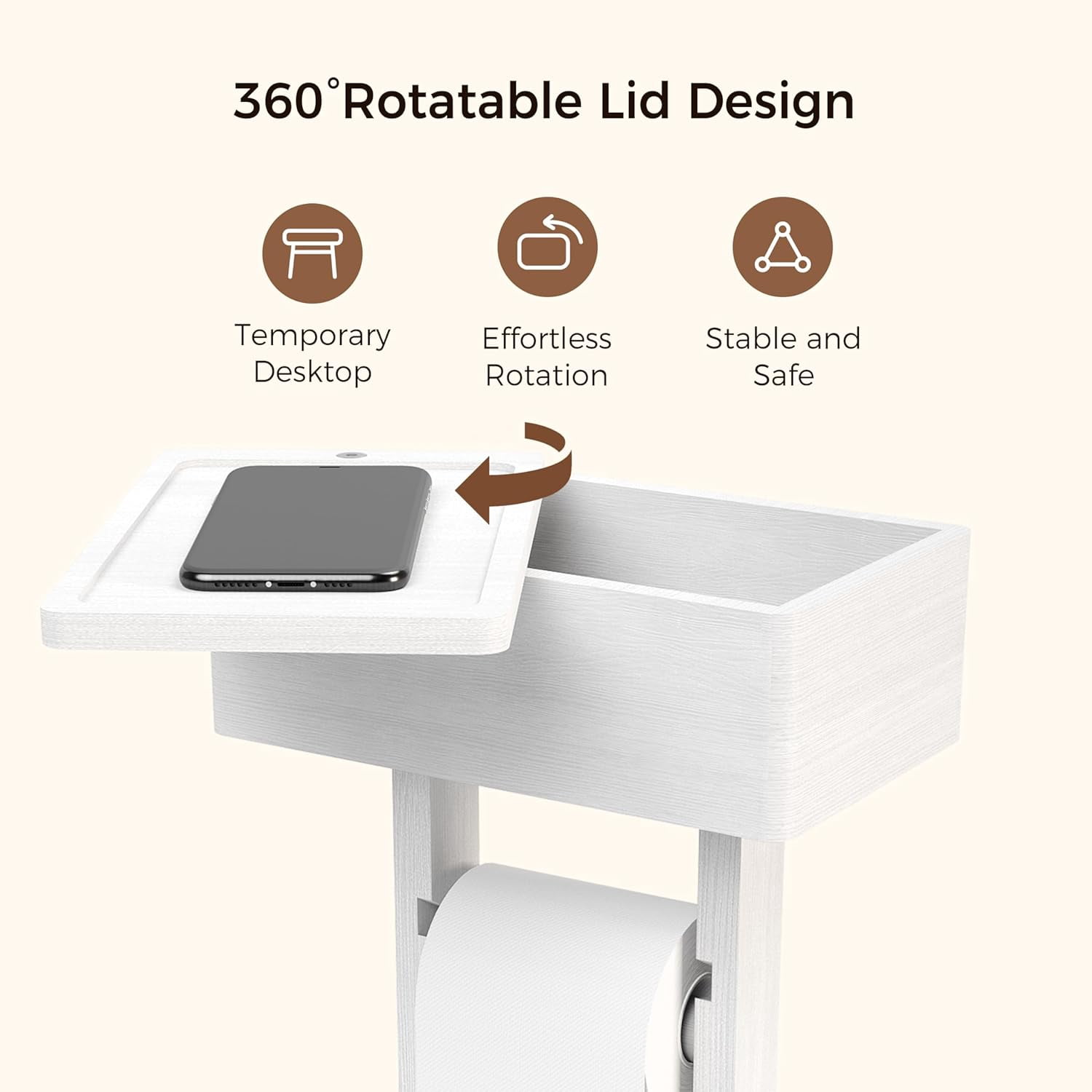4-in-1 White Toilet Paper Holder Stand with Storage Shelf Box, Bamboo Free Standing Toilet Tissue Roll, Toilet Wipes Dispenser Organizer, Temporary Desktop for Bathroom (Patent Protection)