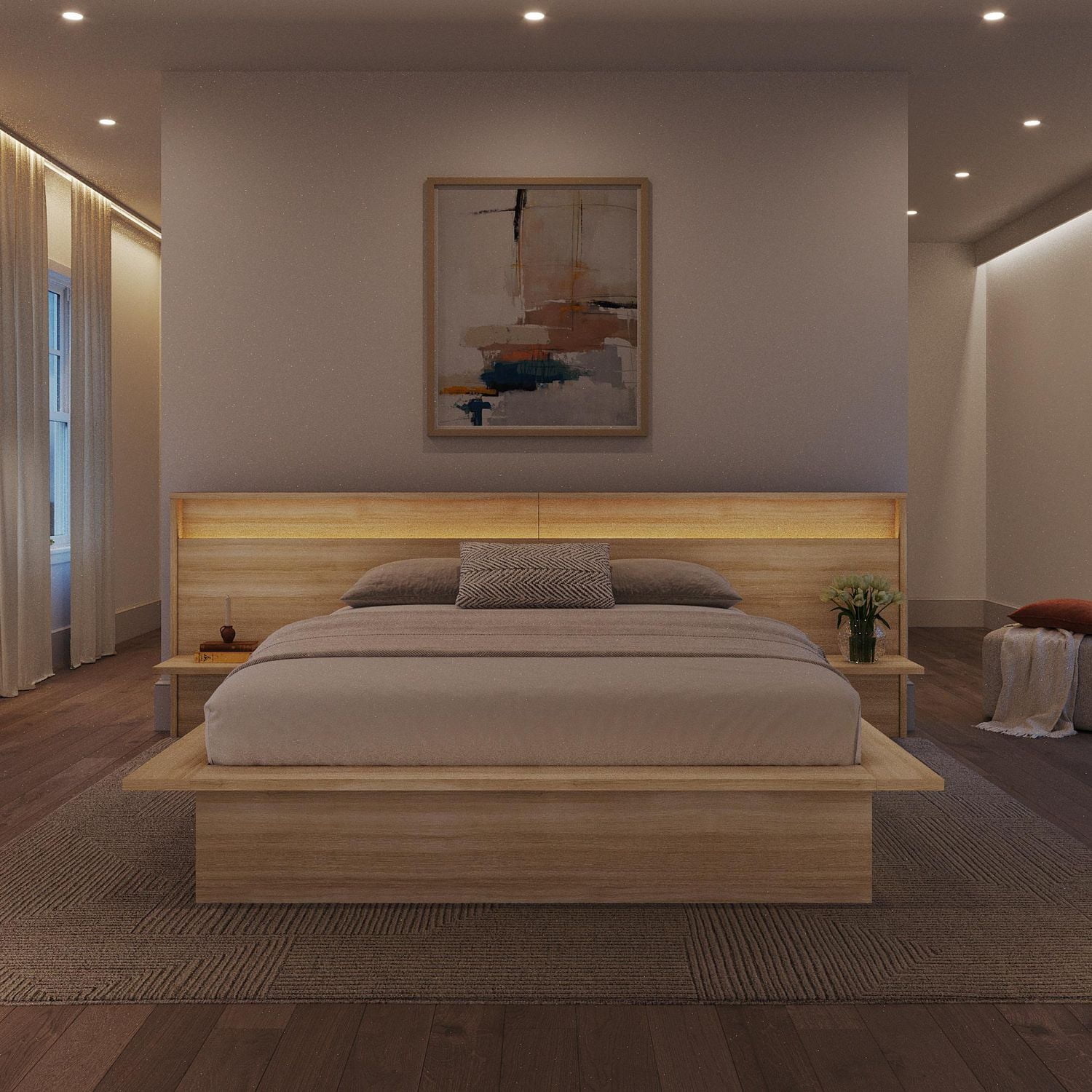 Monroe Queen Size Bedroom Set with Slatted Bedframe, Wide Headboard with Lights and Shelves