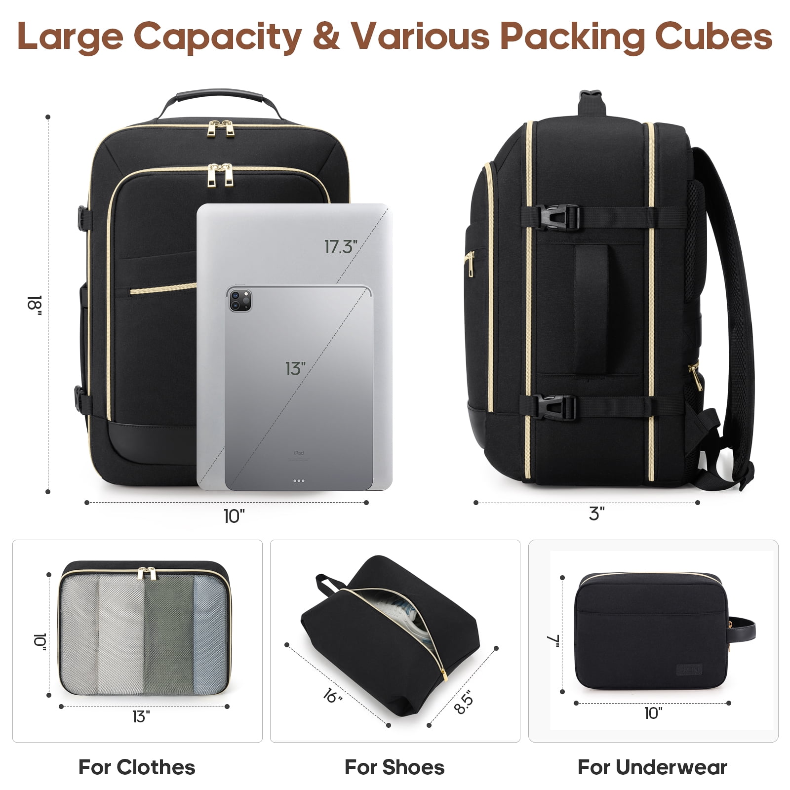 UKEIN Travel Backpack for Women Carry on Backpack Flight Approved 40L Personal Item Backpack Water Proof Backpack with Packing Cubes and Shoe Pocket