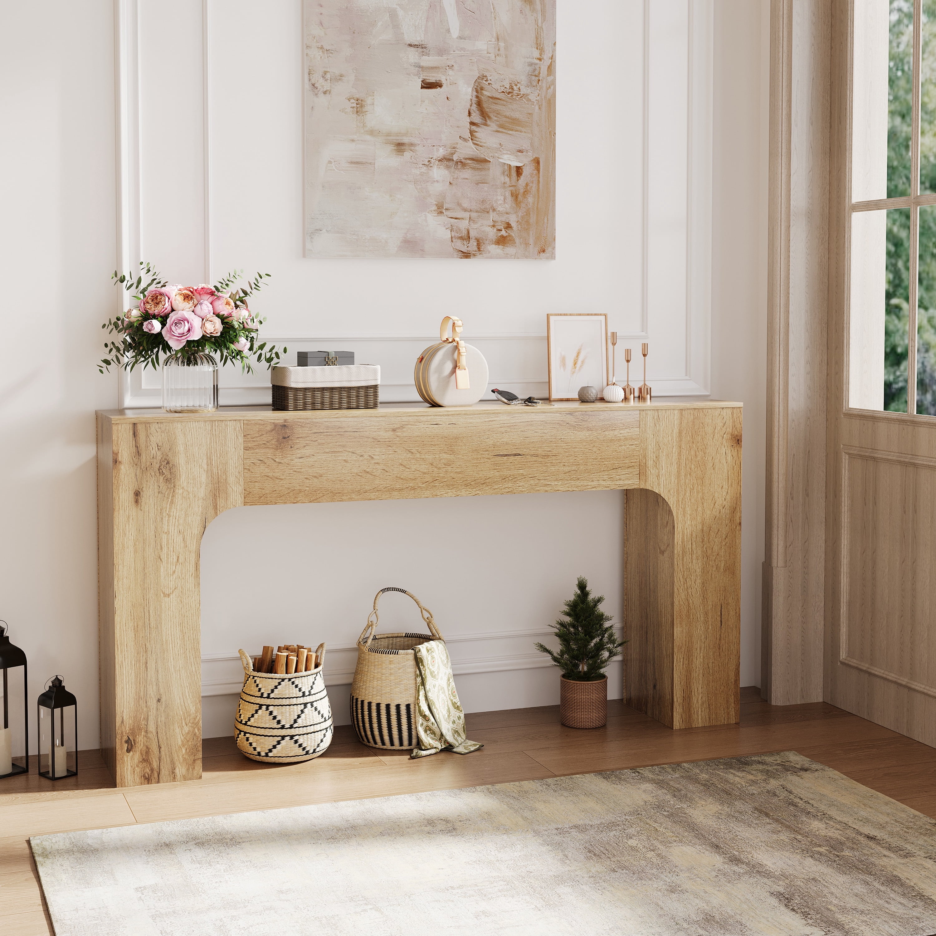 47 Inch Long Console Table for Entryway, Slim Narrow Entrance Hall Table, Farmhouse Wood Sofa Table Behind Couch for Living Room Foyer, Rustic Natural