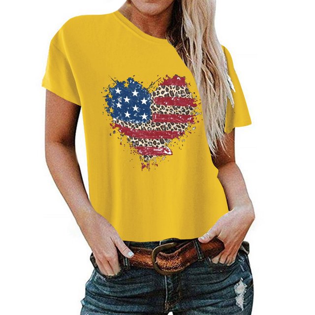 Birdeem T-Shirt pour Femmes d'Été Décontracté Ample Imprimé Fête de l'Indépendance à Col Rond à Manches Courtes