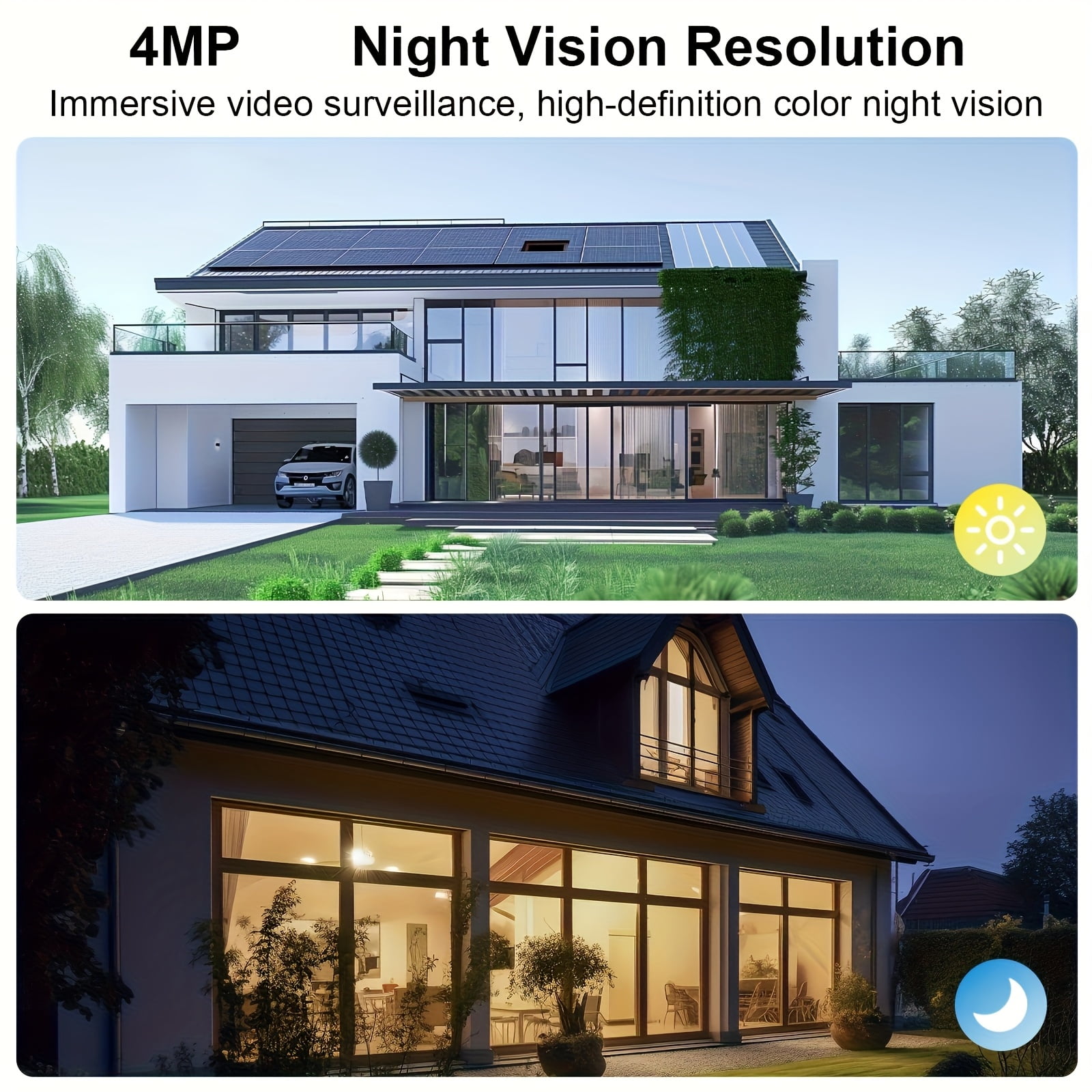 Wire-Free Outdoor Security Camera with Solar Panel, 2-Way Audio, PIR Human Detection, Color Night Vision, Siren, IP65 Weatherproof, SD/Cloud Storage