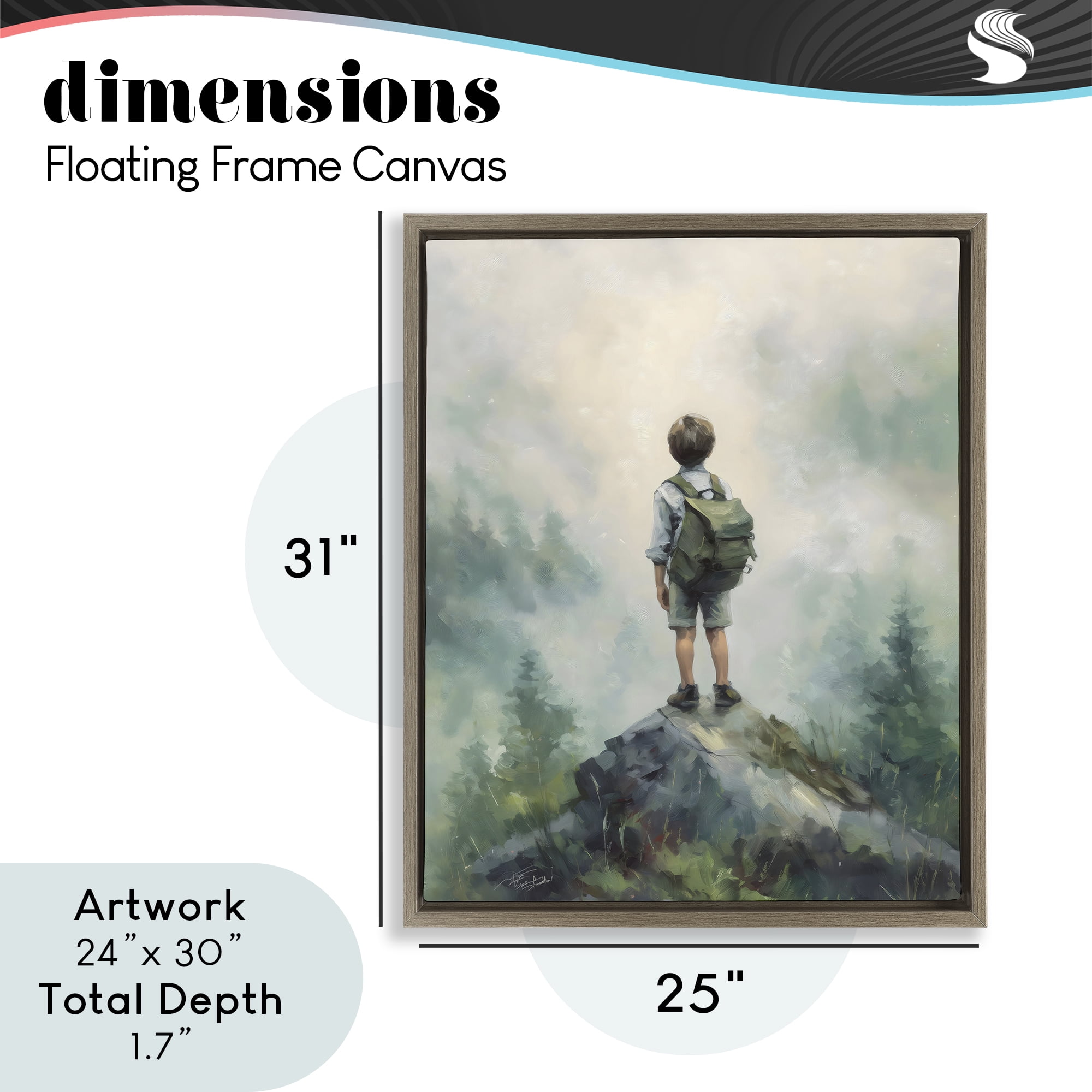 Boy Adventurer Atop Mountain Brown Framed Floater Canvas Wall Art, design by Arlington Prints