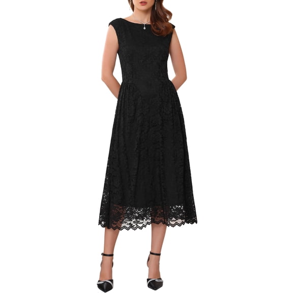 DARING DIVA Lace Boat Neck Vintage Cocktail Midi Dress S Black