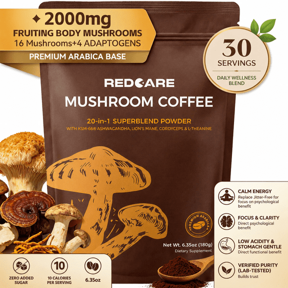 20-in-1 Mushroom Coffee, 4 Adaptogenic Instant Mushrooms Arabica Coffee with Cordyceps for Better Energy, Focus Digestion Immunity with Lions Mane, Tail 30 Pack of 1 - 6.35Oz