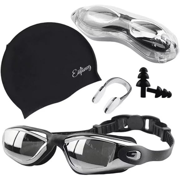 Swim Goggles Swimming Cap No Leaking with Nose Clip, Earplugs, Swim Cap and Case for Men Women