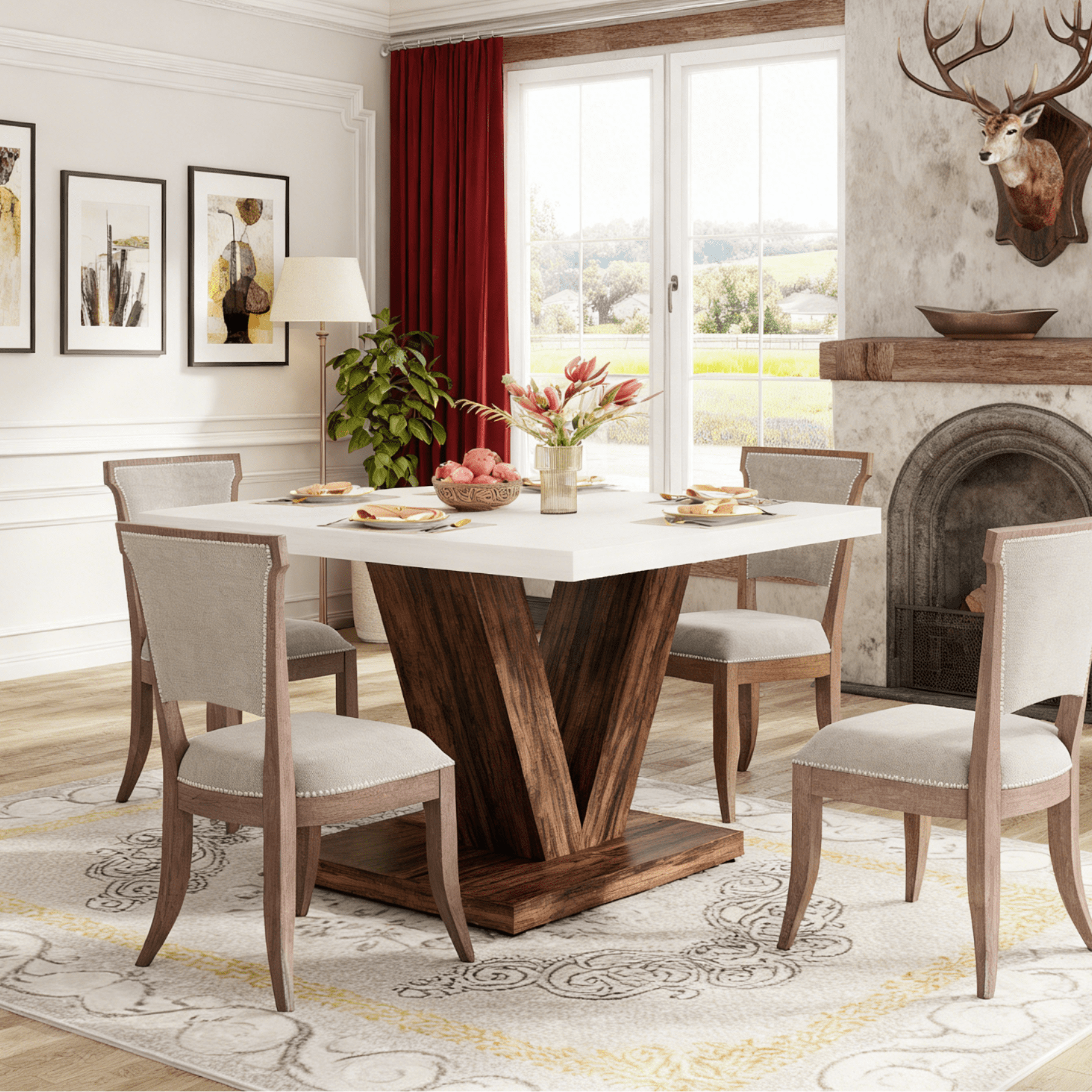 Fnova 47.24" Rectangular Farmhouse Dining Table, Wood Coffee Table for 4 People, Modern Kitchen Table for Dining Room, White Brown (Chairs Not Included)
