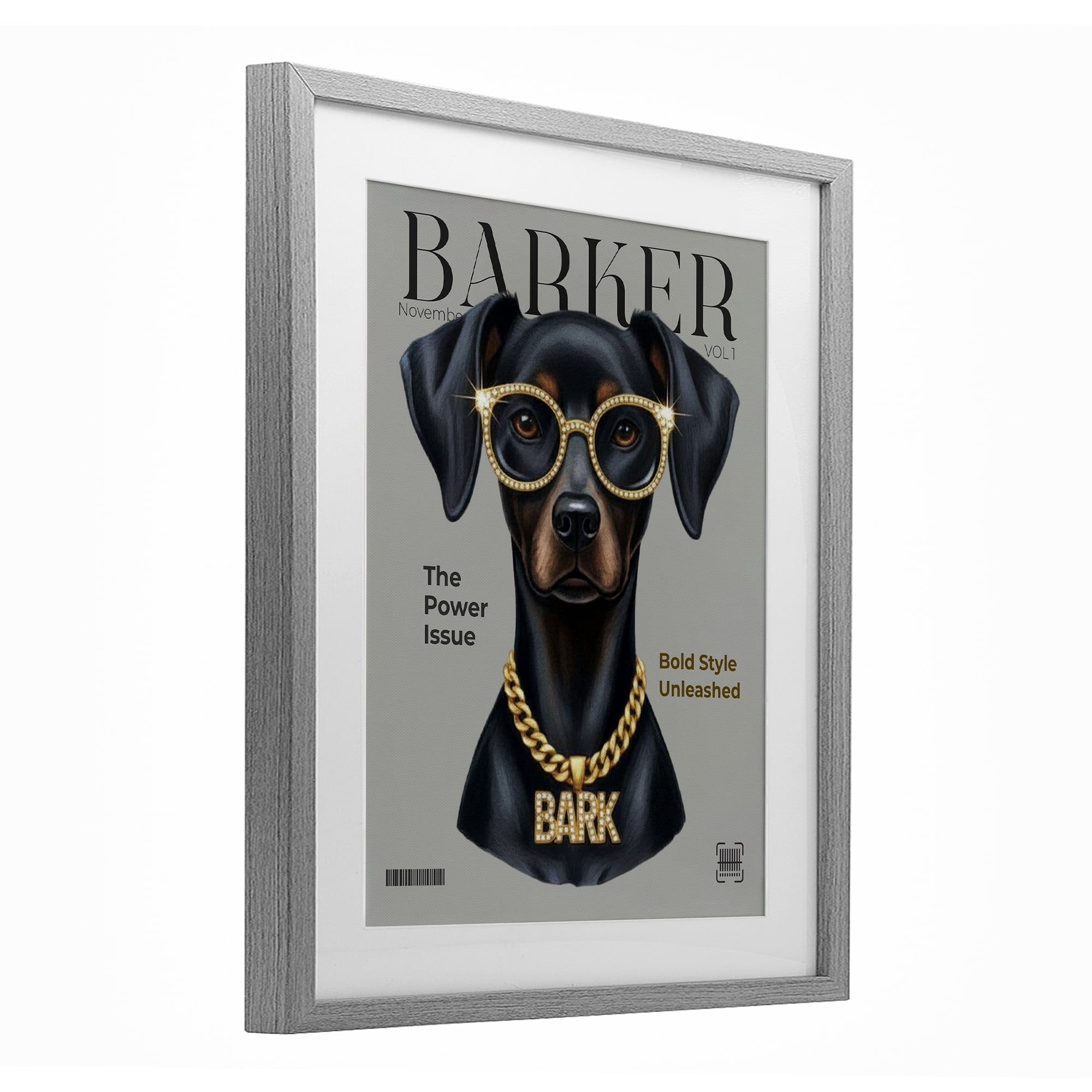 Stupell Industries Barker Dog Fashion Magazine Gray Framed Print Under Glass, design by A Barefoot Stylist