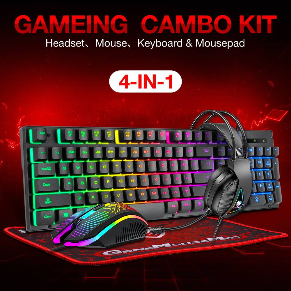 USB Wired Gaming Keyboard and Mouse and Headset Combo LED RGB Backlit 104 Keys Mechanical Feel for Laptop Computer Gamer Bundle