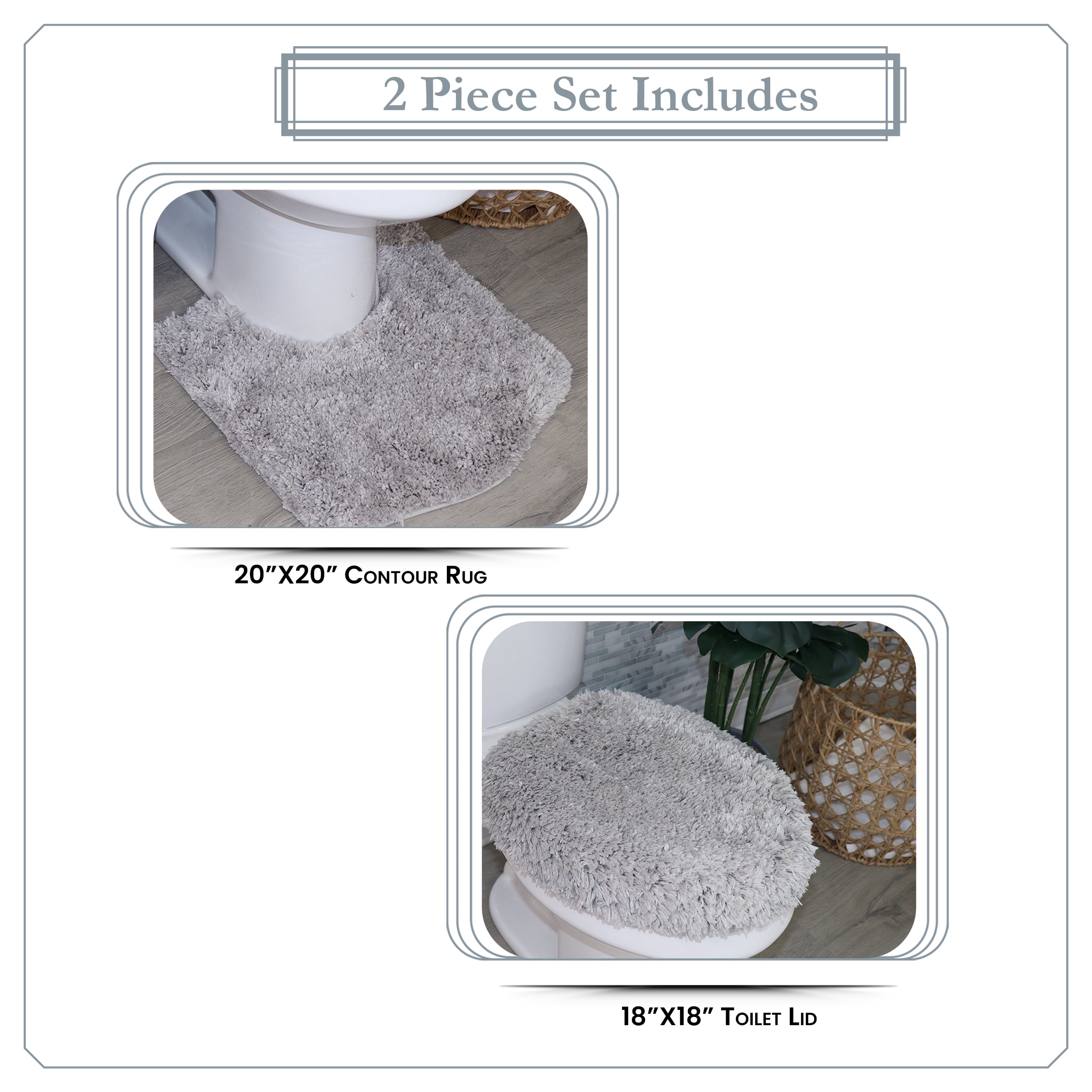 Essential 2-Piece Bathroom Contour and Toilet Lid Cover Set, Plush Microfiber Contour Rug and Non-Slip Toilet Lid Cover, Ultra Absorbent, Quick-Dry, Machine Washable, Grey