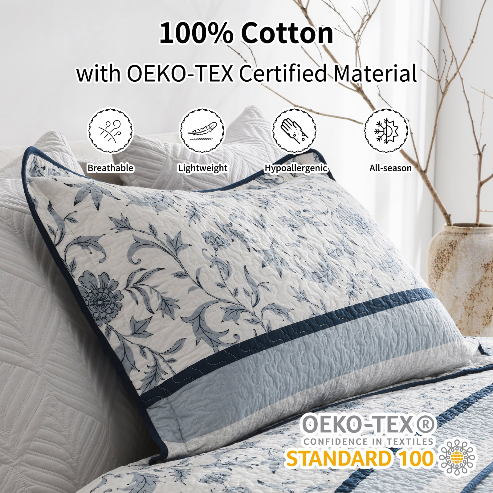 Bedduvit Floral Blue Queen Quilt - 100% Cotton Striped Patchwork Reversible Navy/Blue Queen Size Quilt, Lightweight Summer Botanical Flower Print Bedspread, Vintage Bedding Set for Queen Bed, 98x90