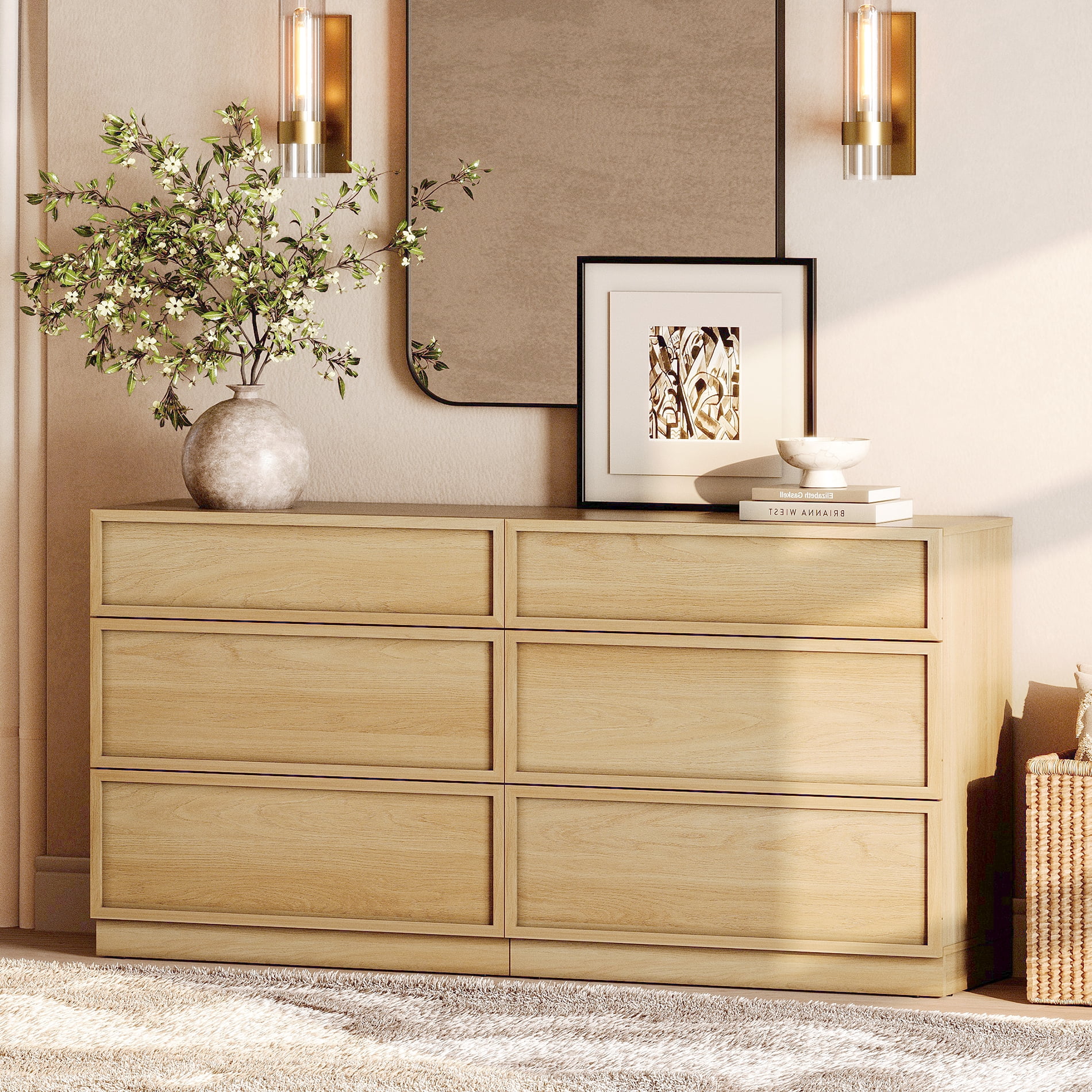 Modern 6-Drawer Wood Dresser, Handle-Free Push-Press Storage Chest with Solid Floor Base, Minimalist Storage Cabinet for Bedroom Living Room, Oak