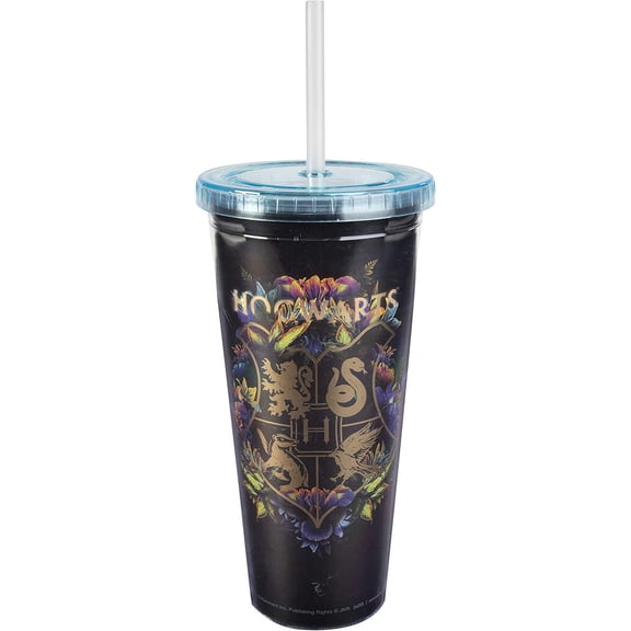 Underground Toys Harry Potter Hogwarts Travel Cup with Straw - Acrylic Tumbler with Gold Hogwarts Crest Design - 22 oz