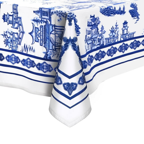 AzulHome Blue and White Porcelain Table Cover, Rectangle Tablecloths Water & Stain Resistant, Thick Washable Tablecloth for Gifts,Kitchen,Dinning,Buffet Parties & Camping, Spring&Summer (118"x55")