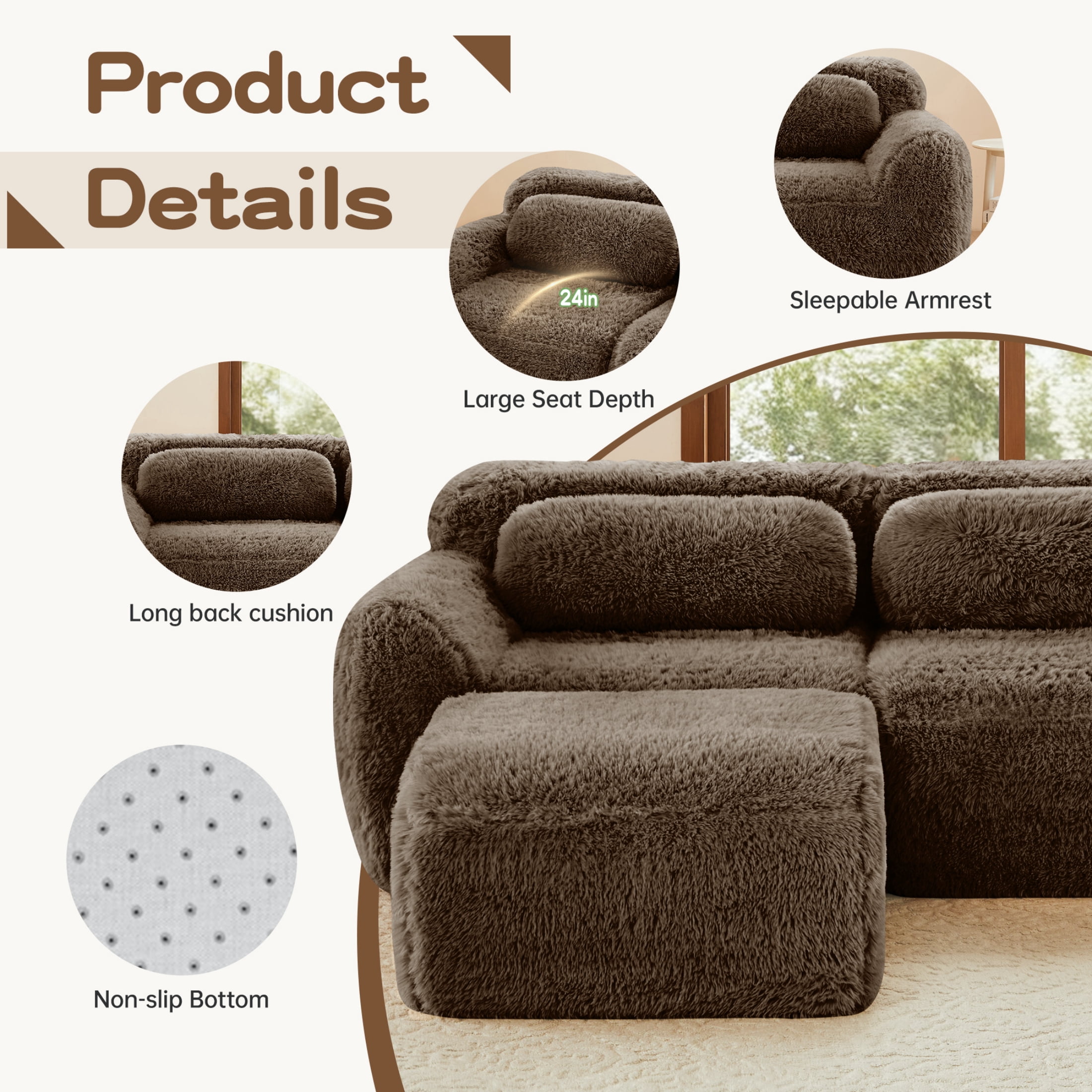 Vinform 149" Sectional Couch, U-Shaped Sofa with 2 Ottomans for Living Room, 4-Seat, Plush, Brown(No Assembly Required)