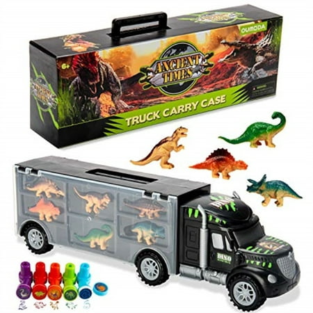 Oumoda Dinosaur Truck, Transport Car Carrier Truck Toy with 6 Dinosaurs Toys Inside and 10 Dinosaur Stamps, Gifts for Kids/Boys Toy for Ages 3, 4, 5, Years Old and
