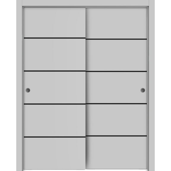 Sliding Closet Bypass Doors 36 x 80 inches | Planum 0015 Grey Matte with Frosted Glass | Sturdy Rails Moldings Trims Hardware Set | Wood Solid Bedroom Wardrobe Doors