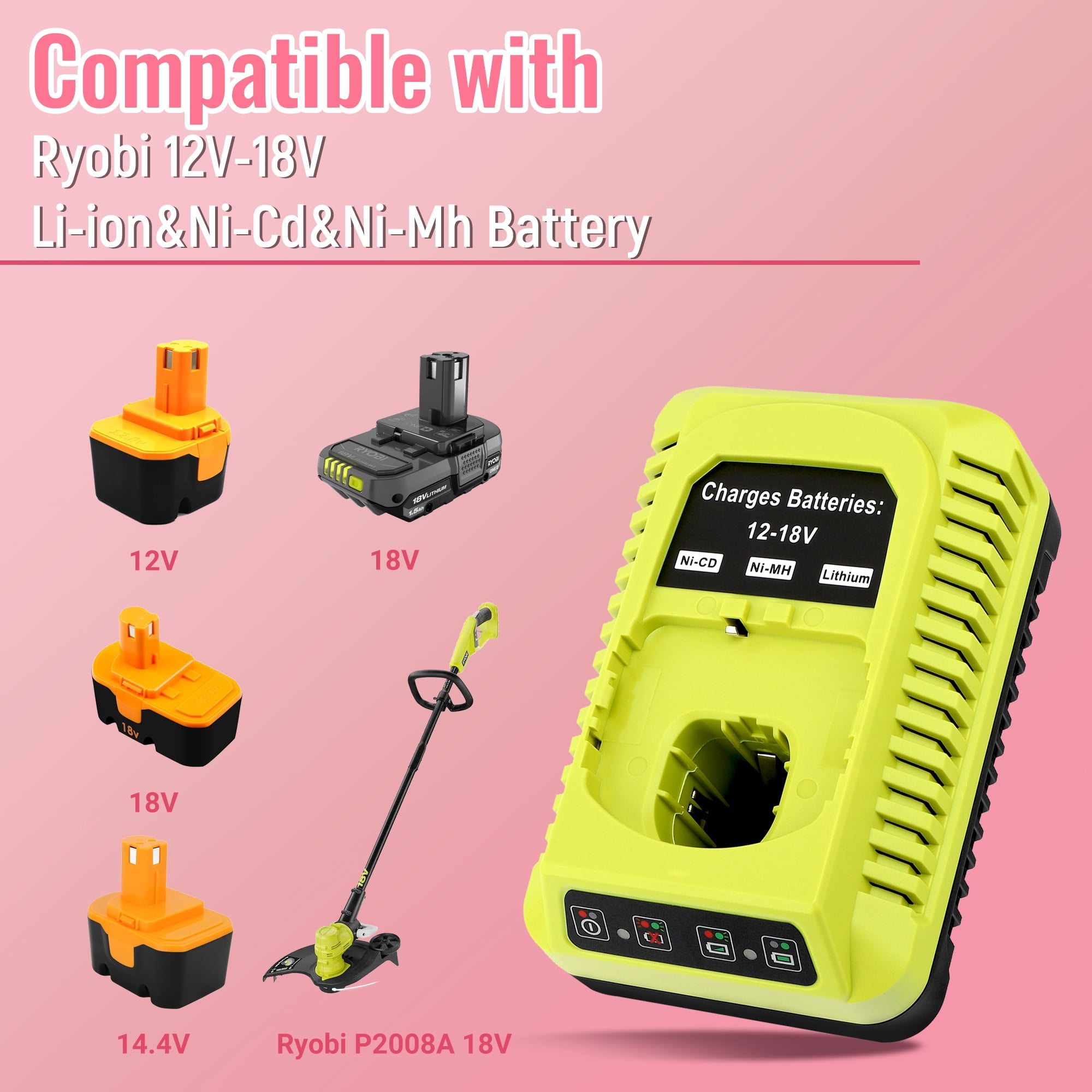 PGENDAR Ryobi 12V-18V Charger for Ryobi One+ Lithium Ni-Cad Ni-Mh Battery P102 P108 P189 P197 P103 P105 P107 P190 P191 PBP002 PBP005