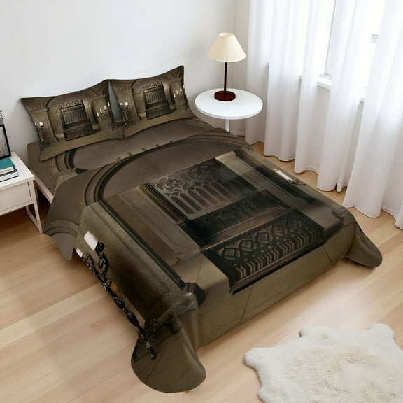 Ambesonne Gothic Fitted & Top Sheet Set with Shams, Renaissance Castle King, Beige Brown