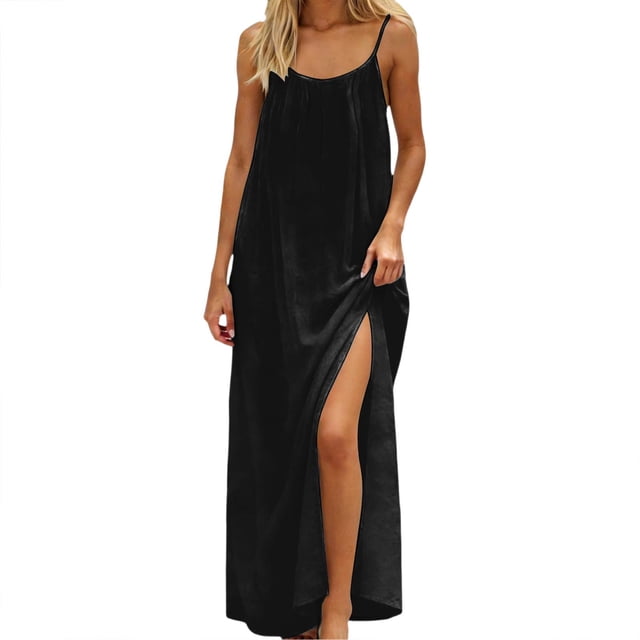 Daiosportswear Robe Longue Ample à Bretelles Spaghetti Dos Nu pour Femmes, Robe de Chambre à Manches Courtes Noire P(S)