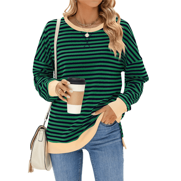 Sudadera Oversize para Mujer, Verano 2025, Cuello Redondo, Rayas, Larga, Aberturas Laterales, Sudaderas con Capucha Y2K Verde y Azul M