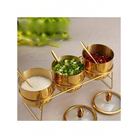 Gold Stainless Steel Spice Storage Jars with Glass Lid and Spoon, 3pc Set Sugar Dispenser and Creamer Bowl for Coffee Bar, Wide Mouth Condiment Container for Kitchen Organization