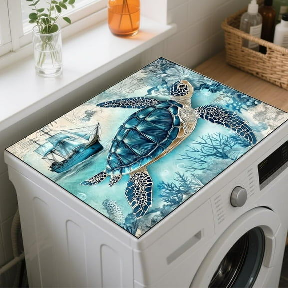 Ocean Turtle Washer Dryer Dust Cover 23.6×19.7inch Summer Sea Washing Machine Top Protector Pads Non Slip Washing Machine Top Covers for Laundry Room Living Room Desk