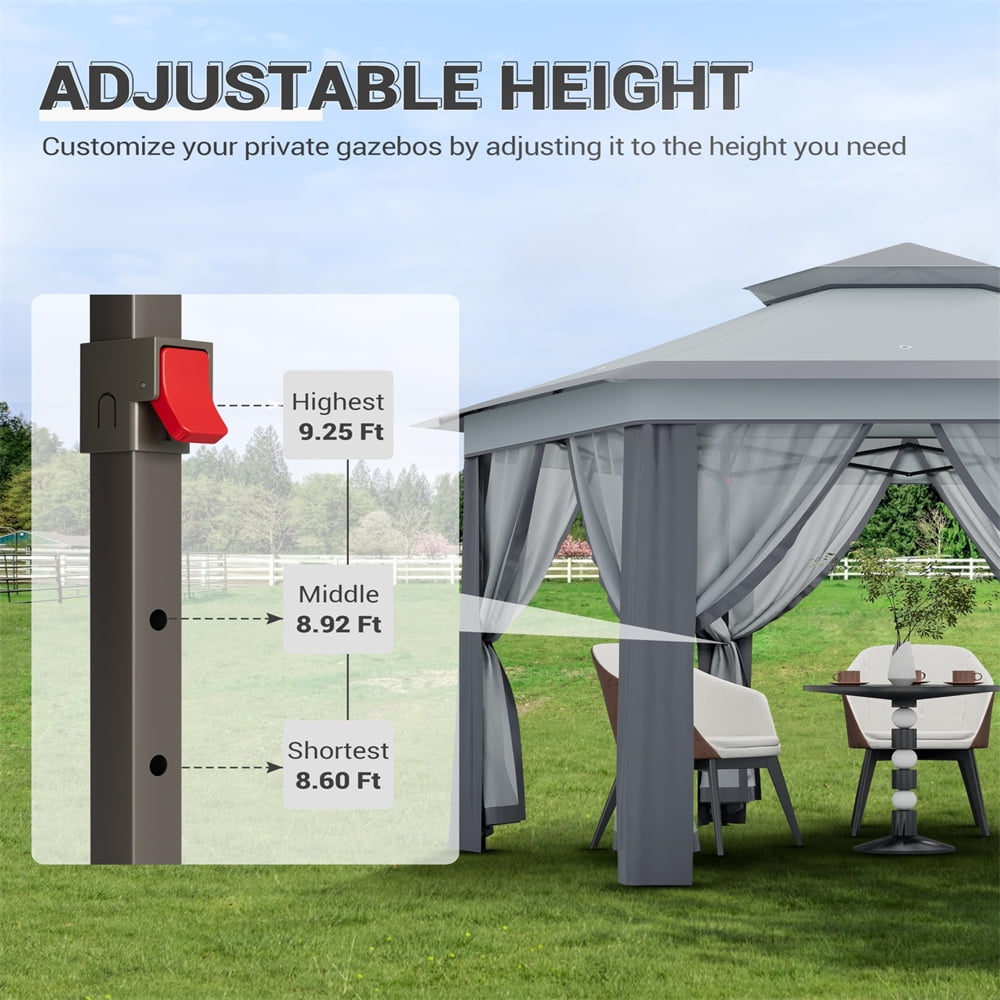 13 x 13 Ft Pop Up Hexagonal Gazebo, Outdoor Canopy Shelter, Pop up Gazebos Tent with Netting and Strong Steel Frame for Patio Lawn Backyard and Deck