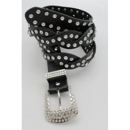 Alwaystyle4you - Women Black Faux Leather Braided Belt Silver Rhinestones Beads Metal Buckle ...
