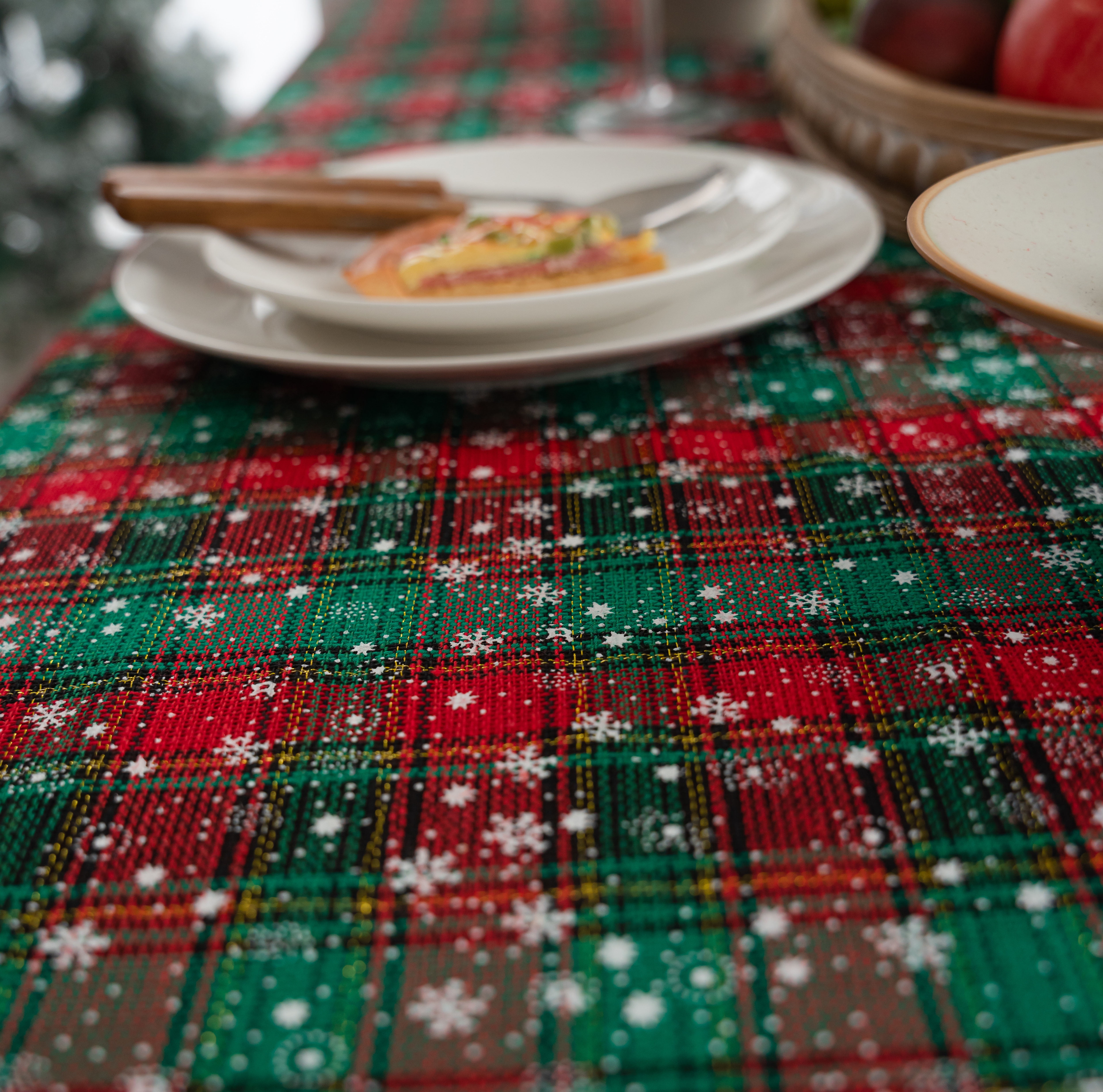 Christmas Plaid Tablecloth with Pom-Poms - Red/Green Fabric Table Cover for Holiday Dinners, Parties & Kitchen Decor 59 x 70in