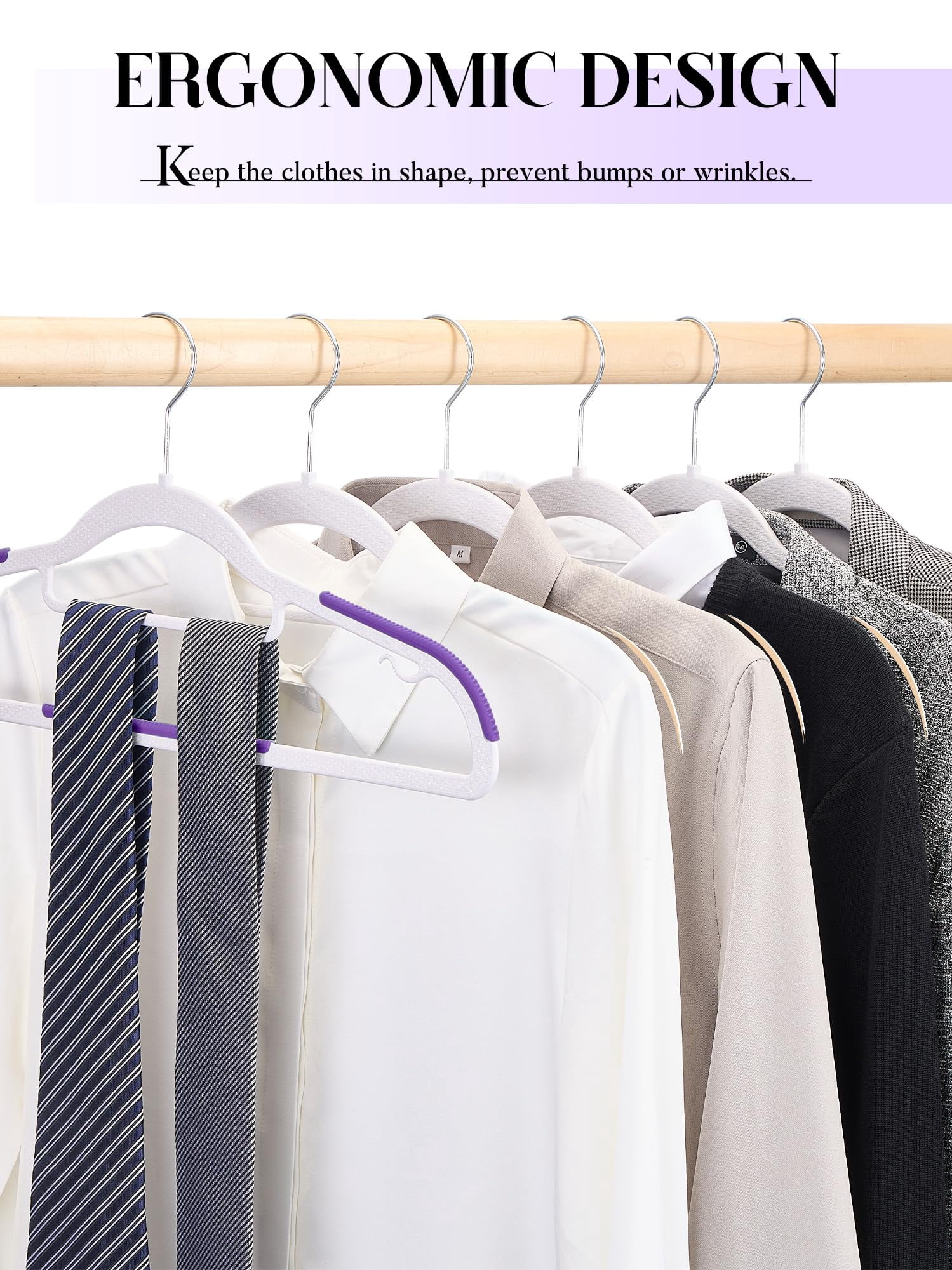cozymood 50 Pack Coat Hangers Heavy-Duty 360° Swivel Hook Plastic Hangers with Non-Slip Design Space-Saving Light, Purple