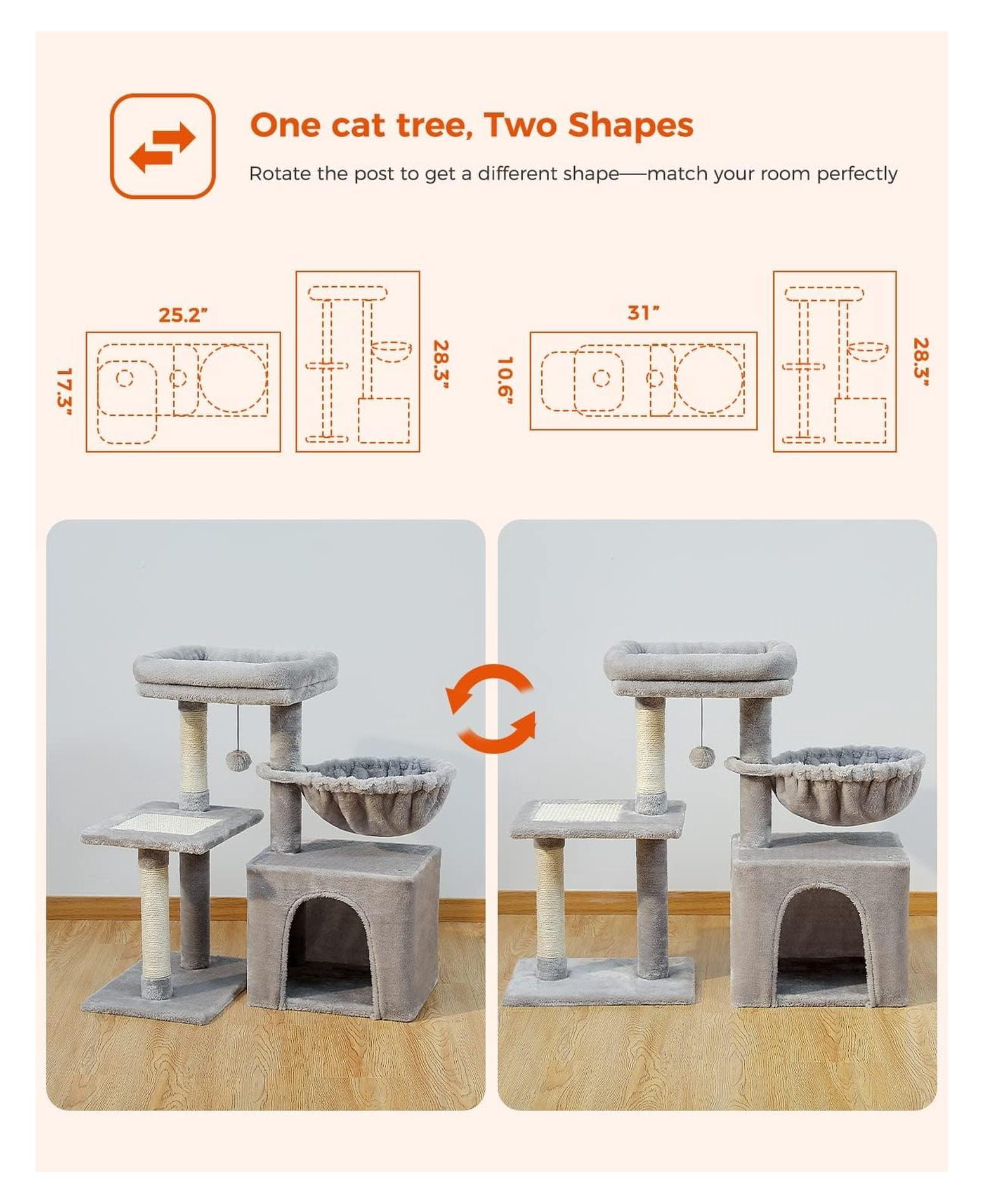 Small Cat Tree 28.5'', Cat Tower for Indoor Cats, 2 Styles Activity Center with Scratching Posts, Hammock & Perch - Grey