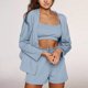 thumbnail image 3 of Conjunto de pijama de 3 piezas para mujer, color puro, seda de hielo, sujetador, pantalones cortos, frente abierto, prendas de vestir, ropa de dormir, azul, M, 3 of 5