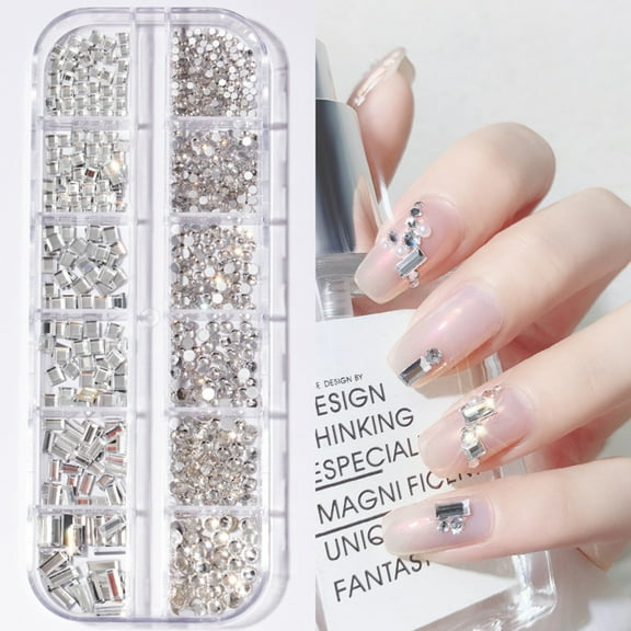 opvise 12Grids/Box Flat Back Nail Art Rhinestone 3D Effect Faux Pearl Style Round Glitters DIY Nail Rhinestones Decoration for Manicure