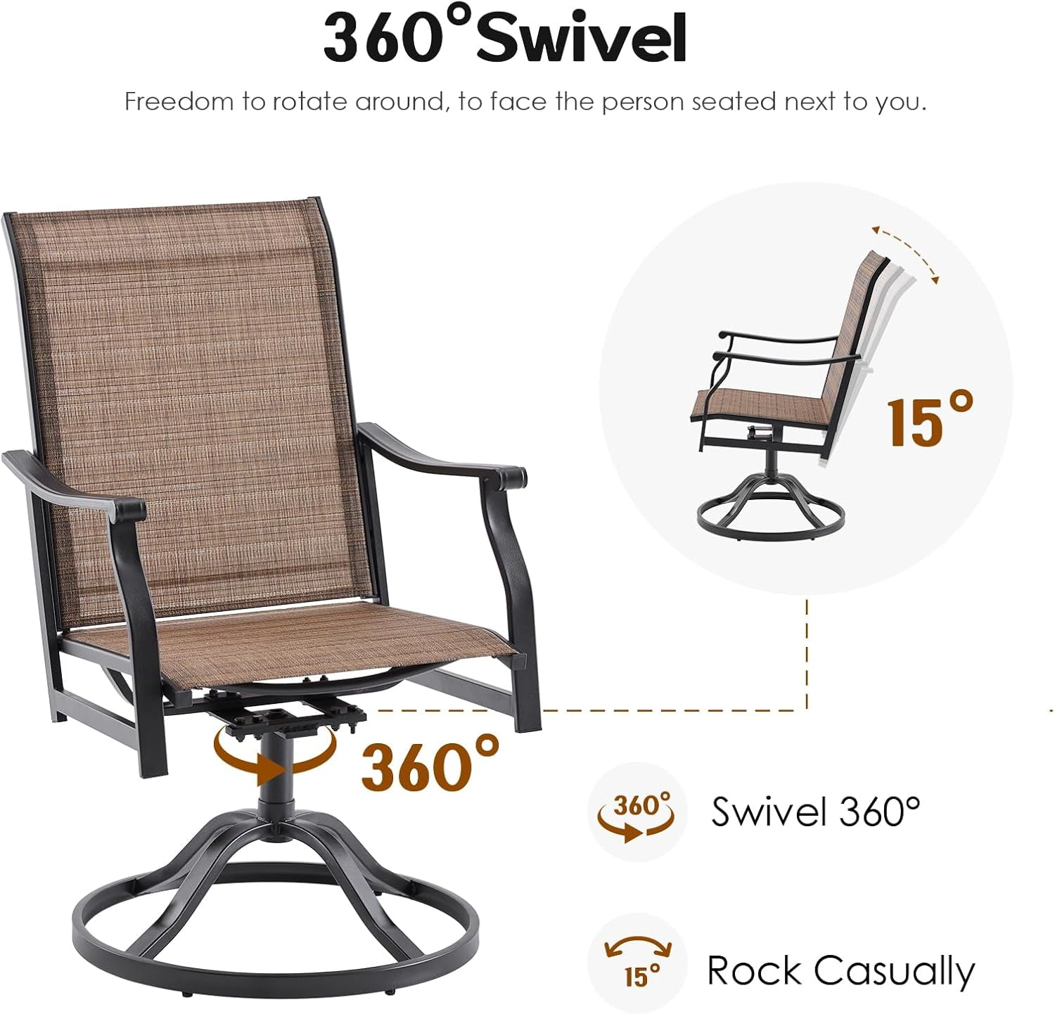 STARY Outdoor Dining Set for 4, 5-Piece Patio Table and Chairs Set, 4 x Swivel Patio Chairs with Textilene Fabric and 35"x35" Outdoor Dining Table with 1.57" Umbrella Hole for Poolside, Backyard