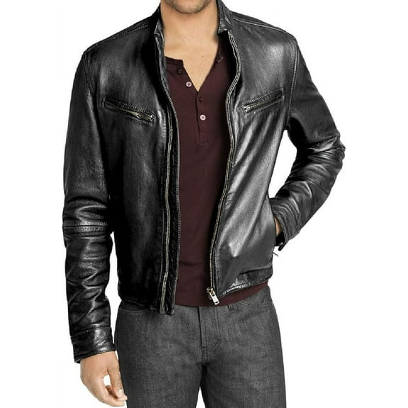 New Men's Genuine Lambskin Leather Jacket Black Belted Motorcycle Biker Jacket A042